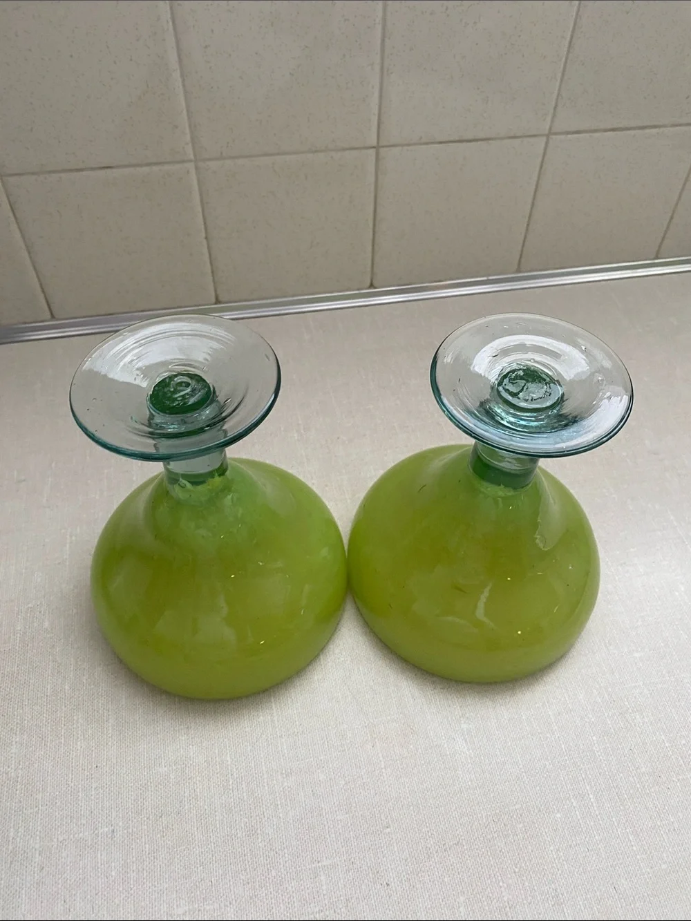 Chartreuse  Green  Mexican Bubble Glass Hand Blown Margarita Glasses set of 2